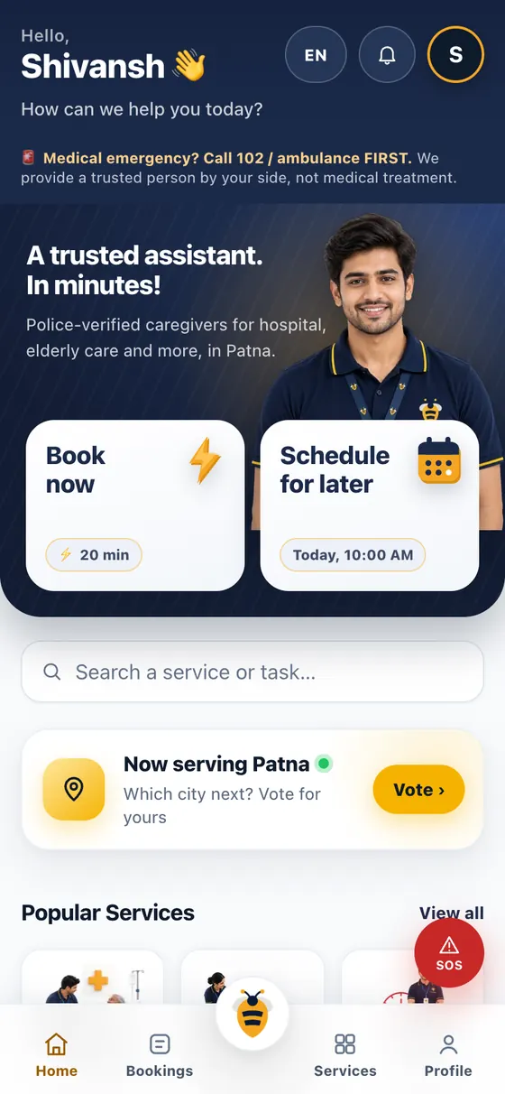 Trusbee app, home screen: Book now and Schedule for later