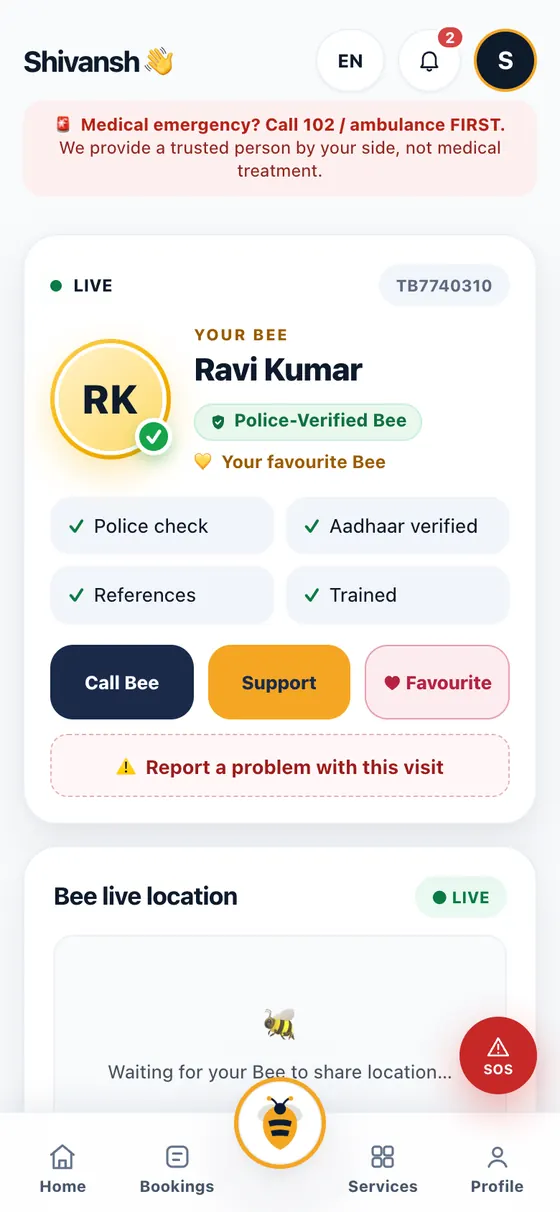 Trusbee app: your assigned Bee, with police check, Aadhaar, references and training shown